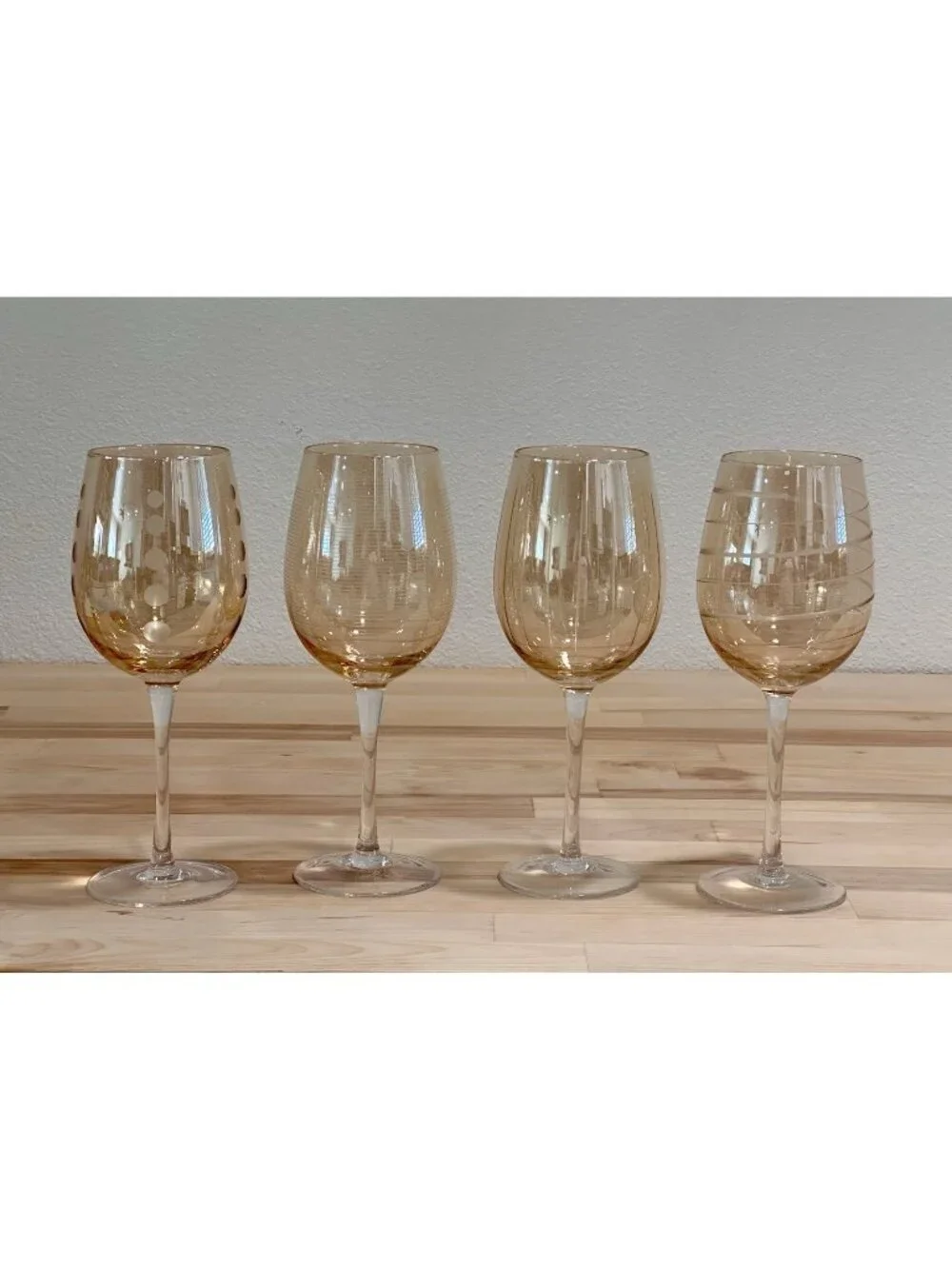 4 Pc. Mikasa Cheers Amber Gold Wine Glass Etched Different Patterns Striped Dots